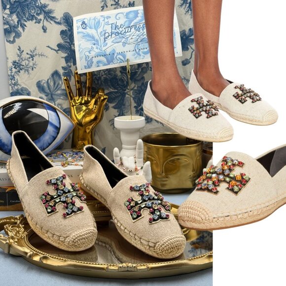 🆕 TORY BURCH 🧿 NWOB Ines Linen & Leather Bejewelled Espadrilles - Sz 7M - Picture 1 of 12